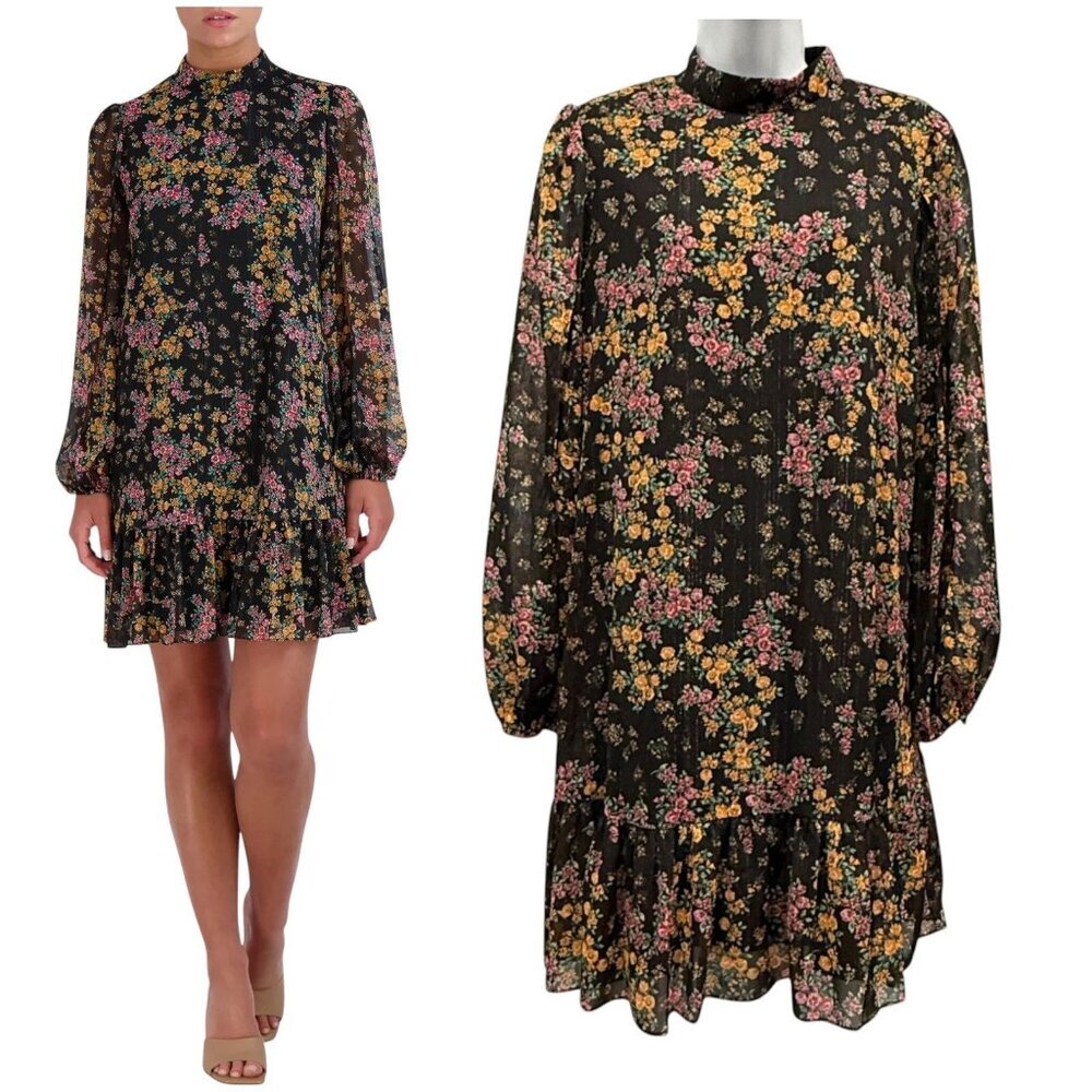 BCBG Paris‎ Black Floral Babydoll Mini Dress Dark Feminine Cottagecore Size S